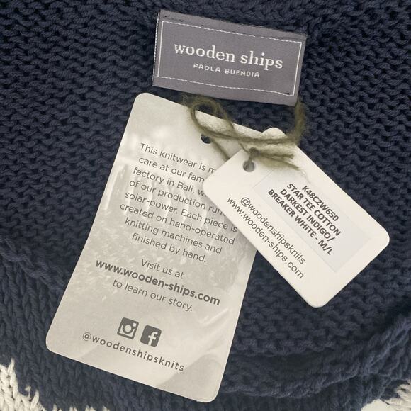 NWT WOODEN SHIPS Star Cotton Tee Sweater Knit Blue Darkest Indigo White M L - Picture 8 of 10